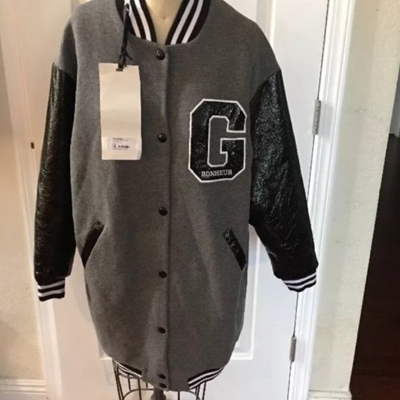 Gray Varsity Jacket with Striped Trim - Picture 4 of 8